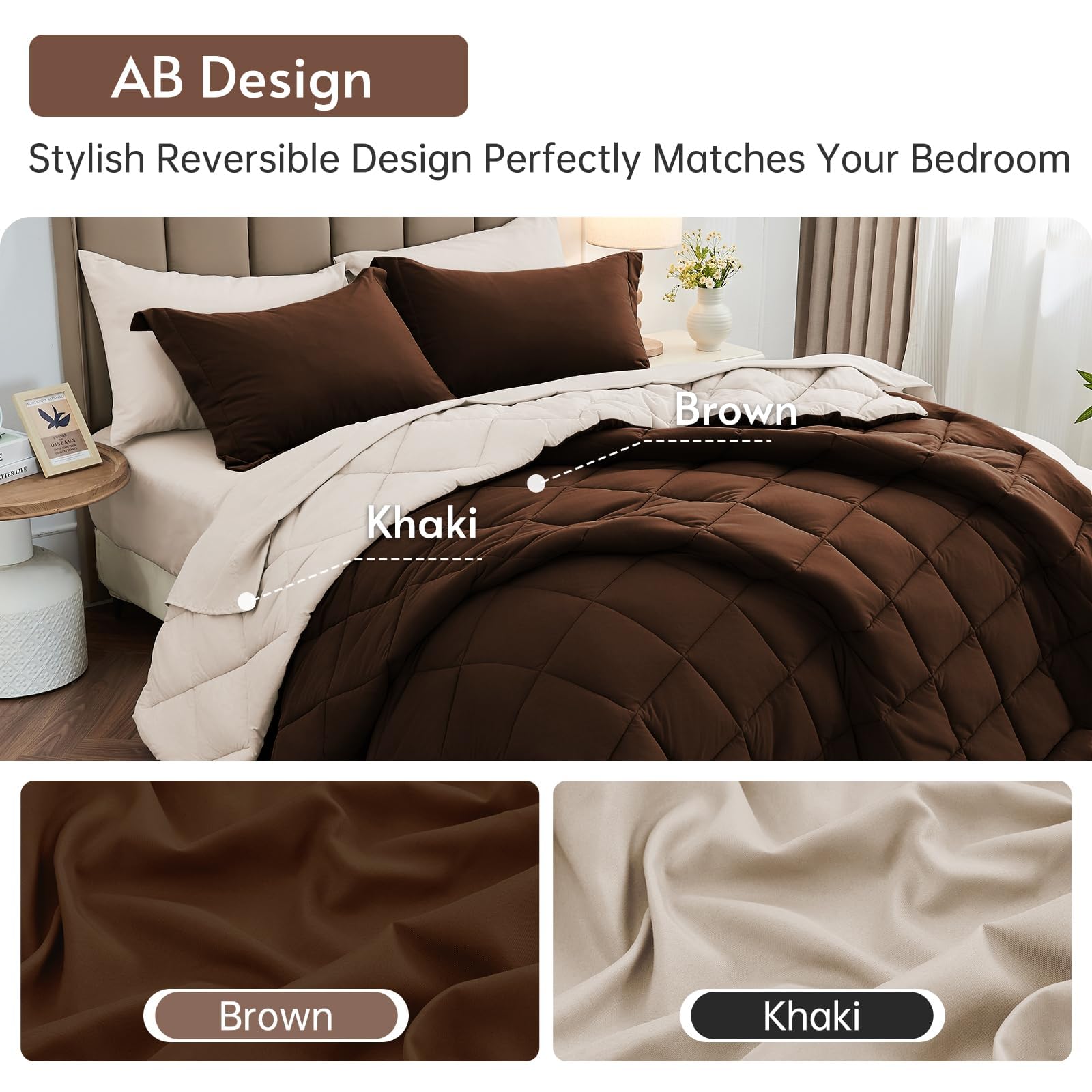 MUXHOMO brown khaki queen comforter set for timeless bedrooms.