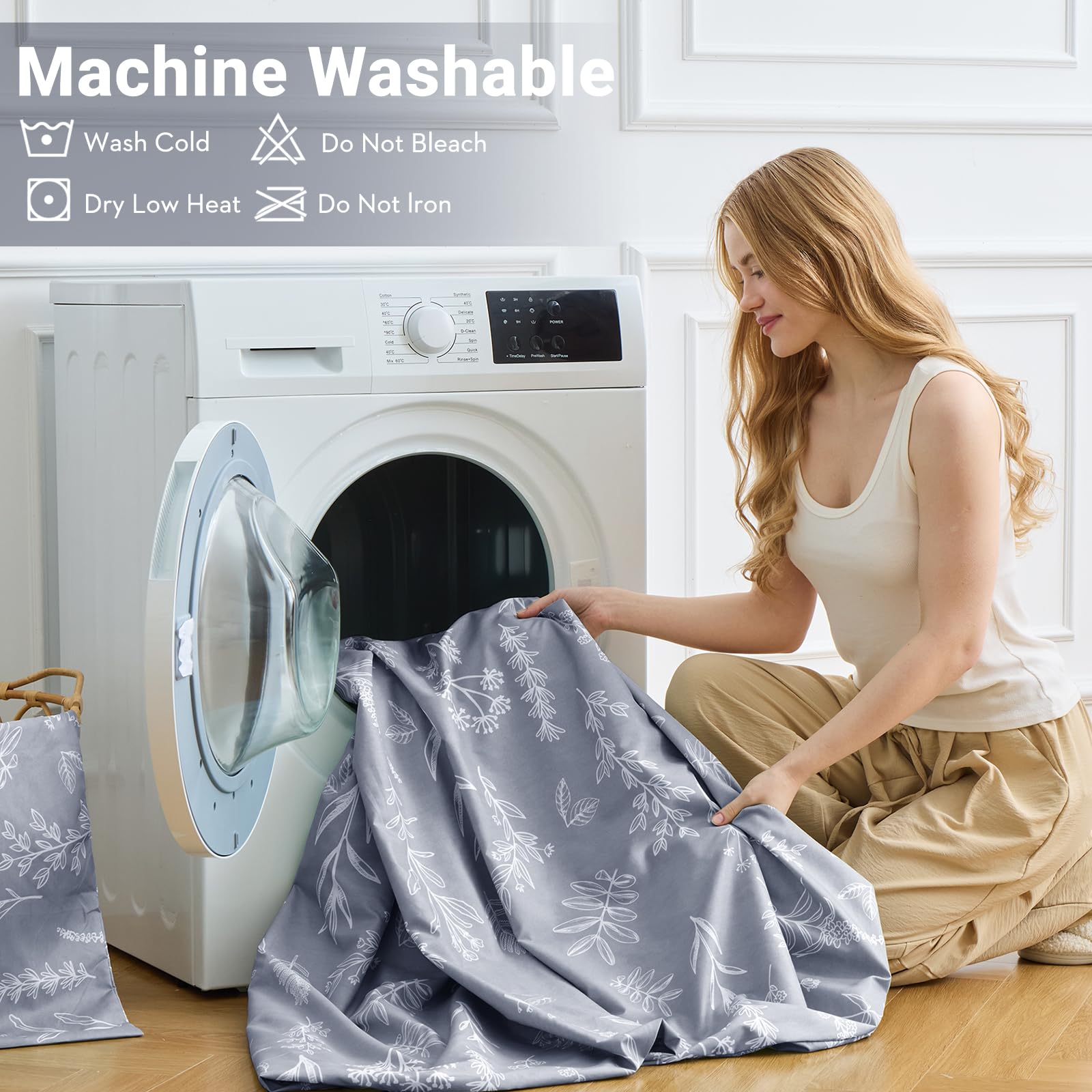 MUXHOMO care instructions illustrating cold wash and low heat drying