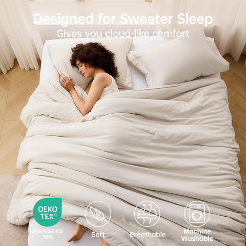 MUXHOMO comforter beige on bed demonstrates versatile all-season setup and neutral decor.