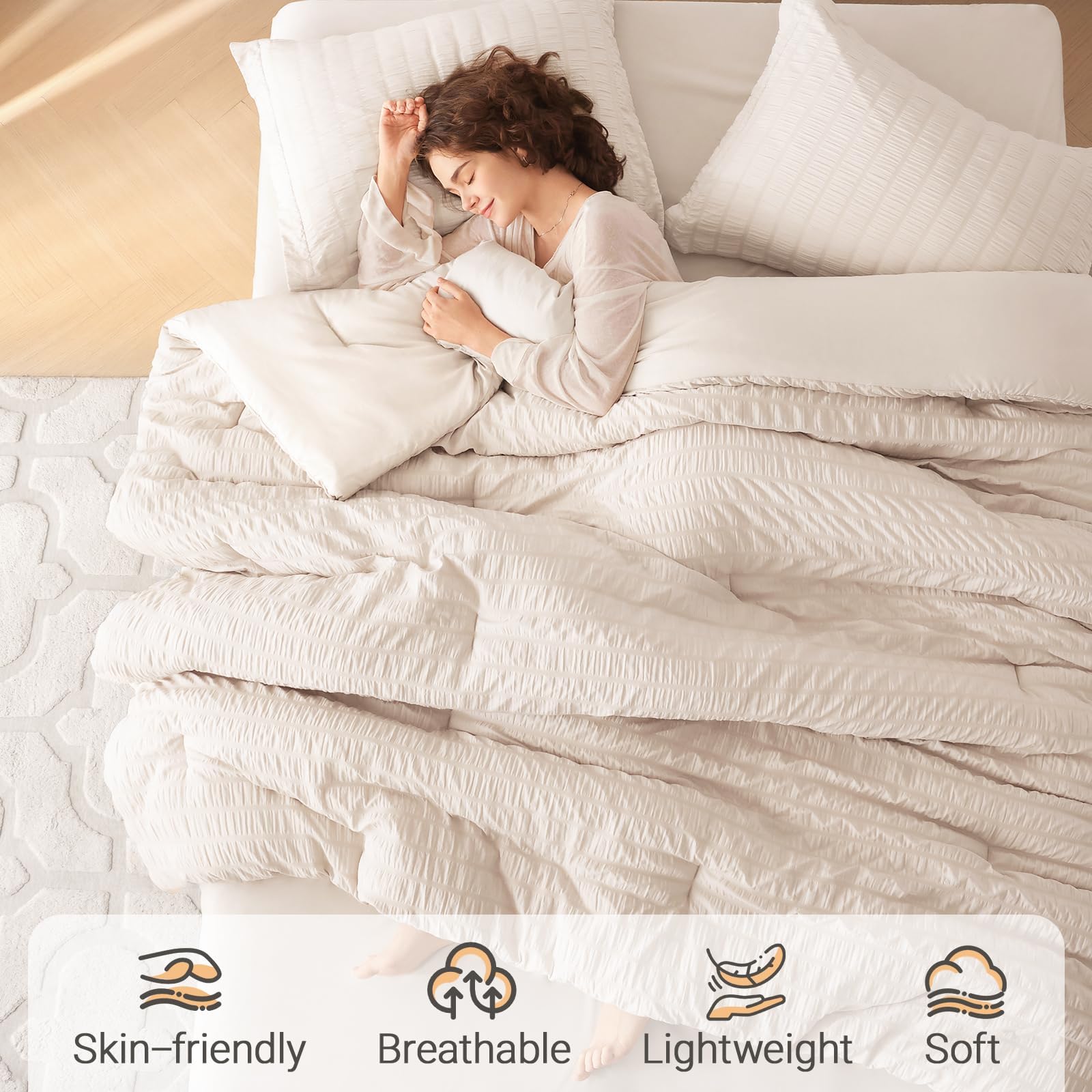 MUXHOMO comforter features soft microfiber fabric with 240gsm down-alternative for plush warmth.