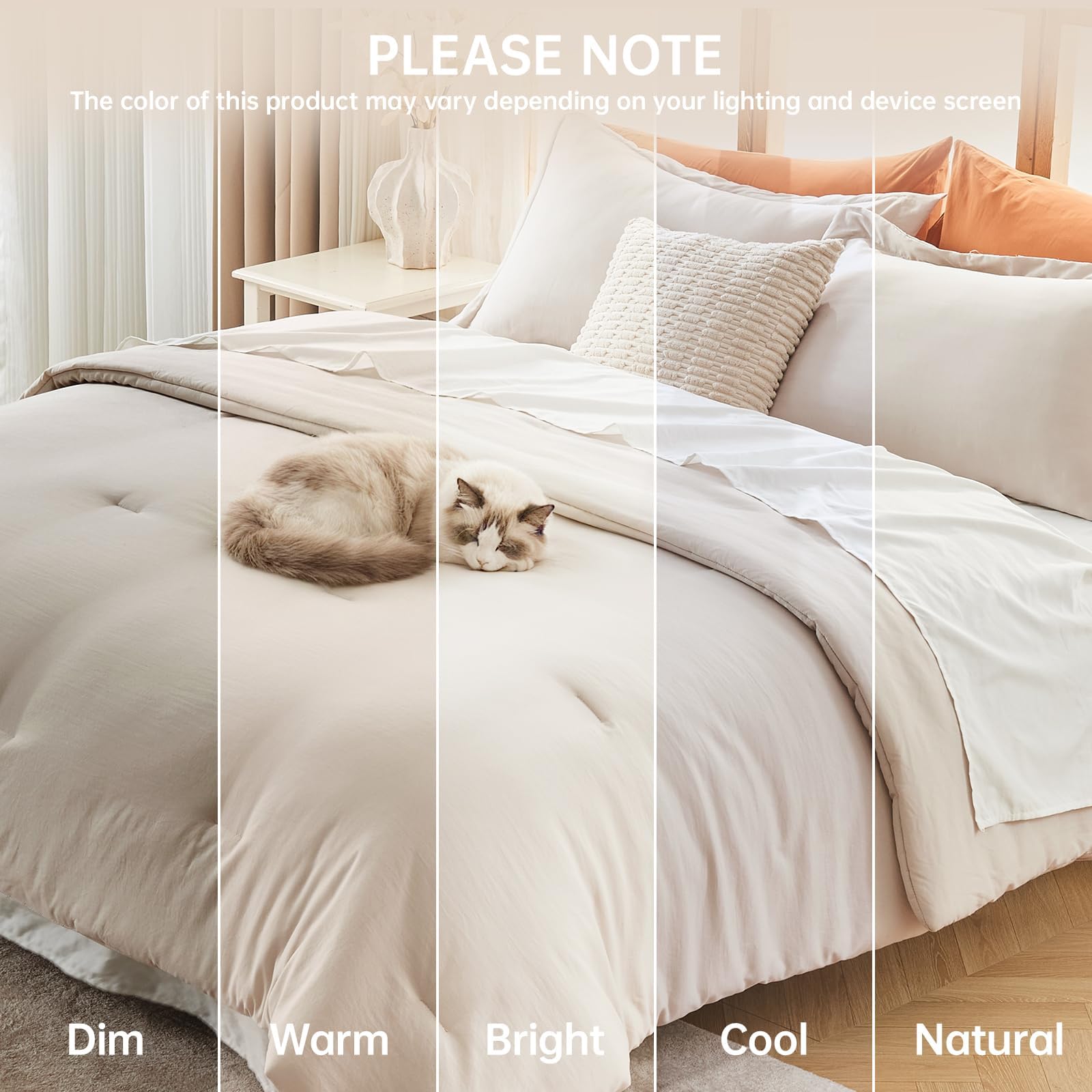 Beige bedding ensemble elevates cozy, versatile bedroom décor.