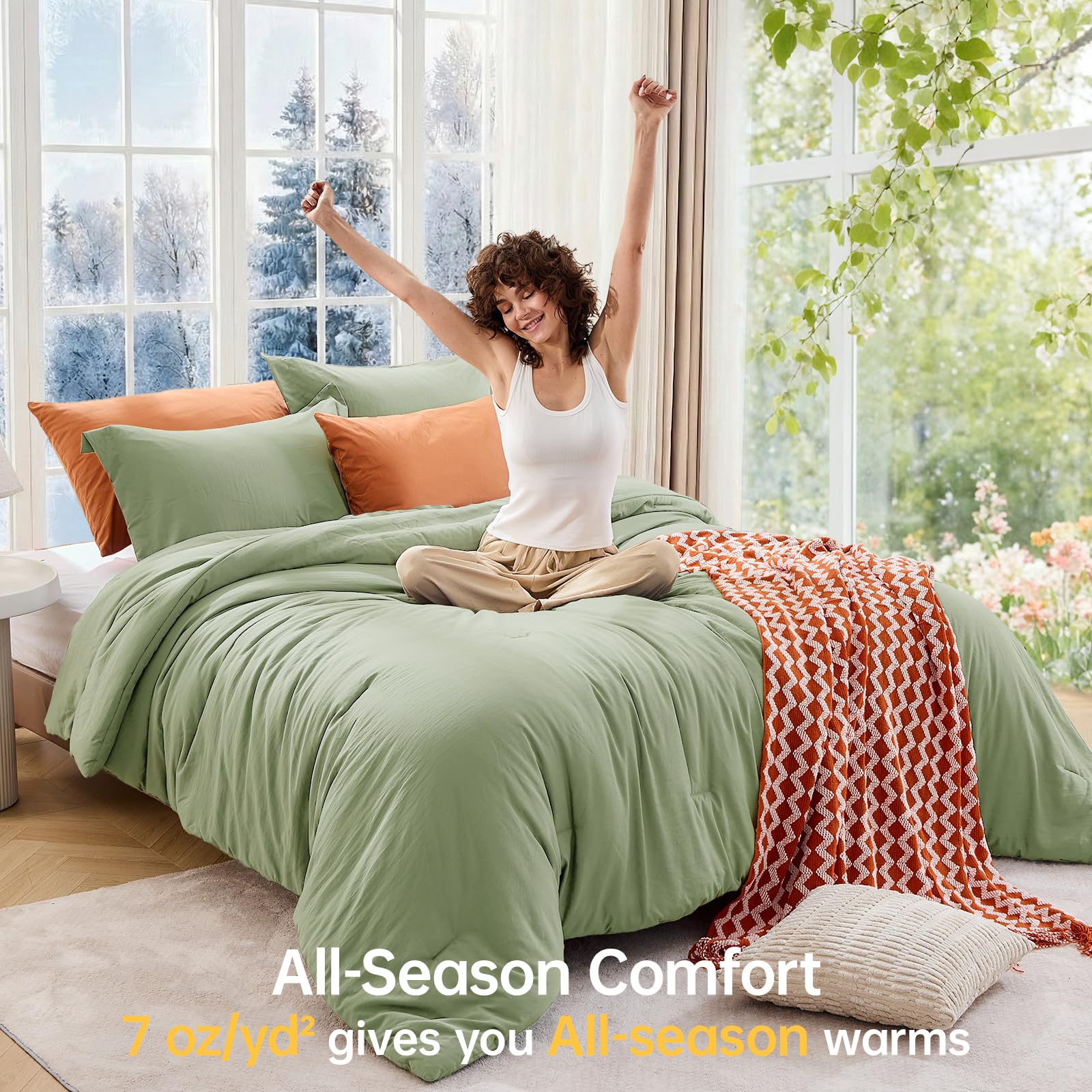 MUXHOMO Green Queen Pillow Shams (two-pack), pillows neatly aligned