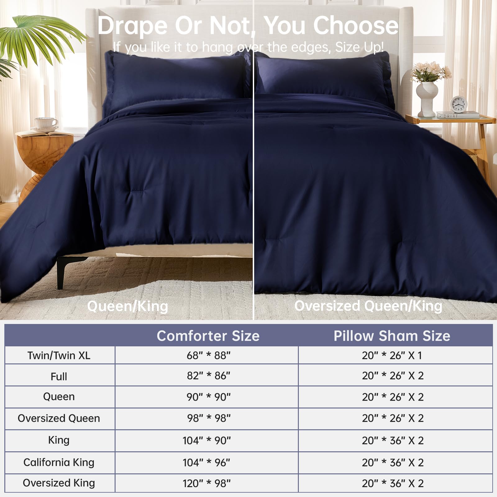 MUXHOMO navy bedding setup creates a calm, modern bedroom vibe.