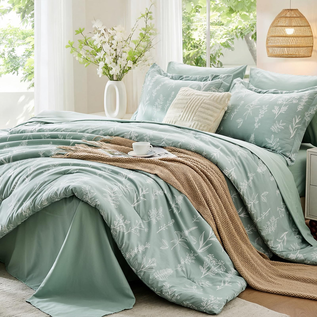 MUXHOMO Queen comforter in sage green floral on a neatly made bed for calm style.