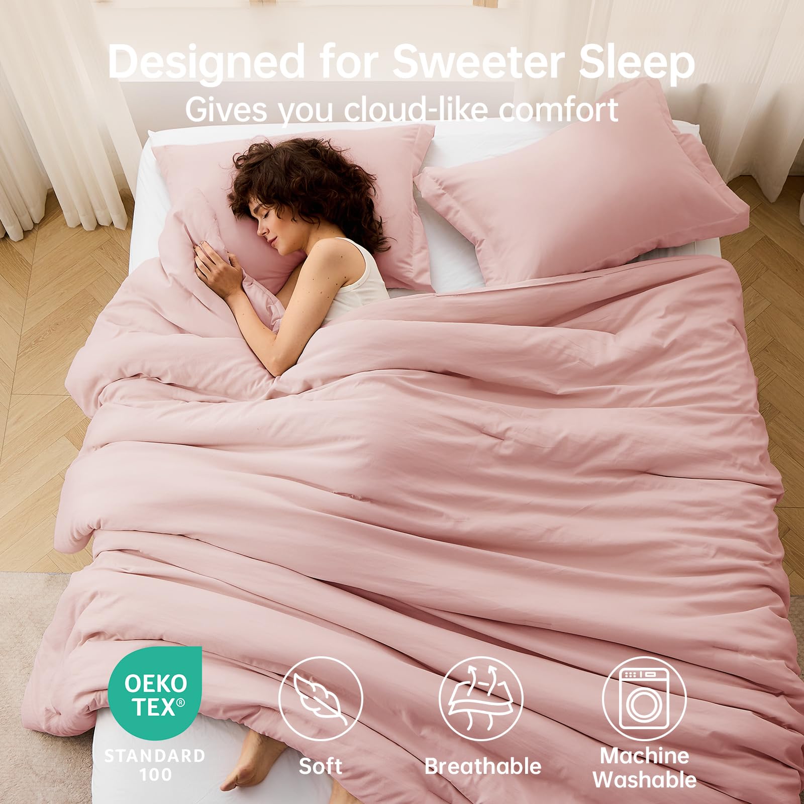 MUXHOMO queen comforter set on bed highlights rose gold color and cozy mood.