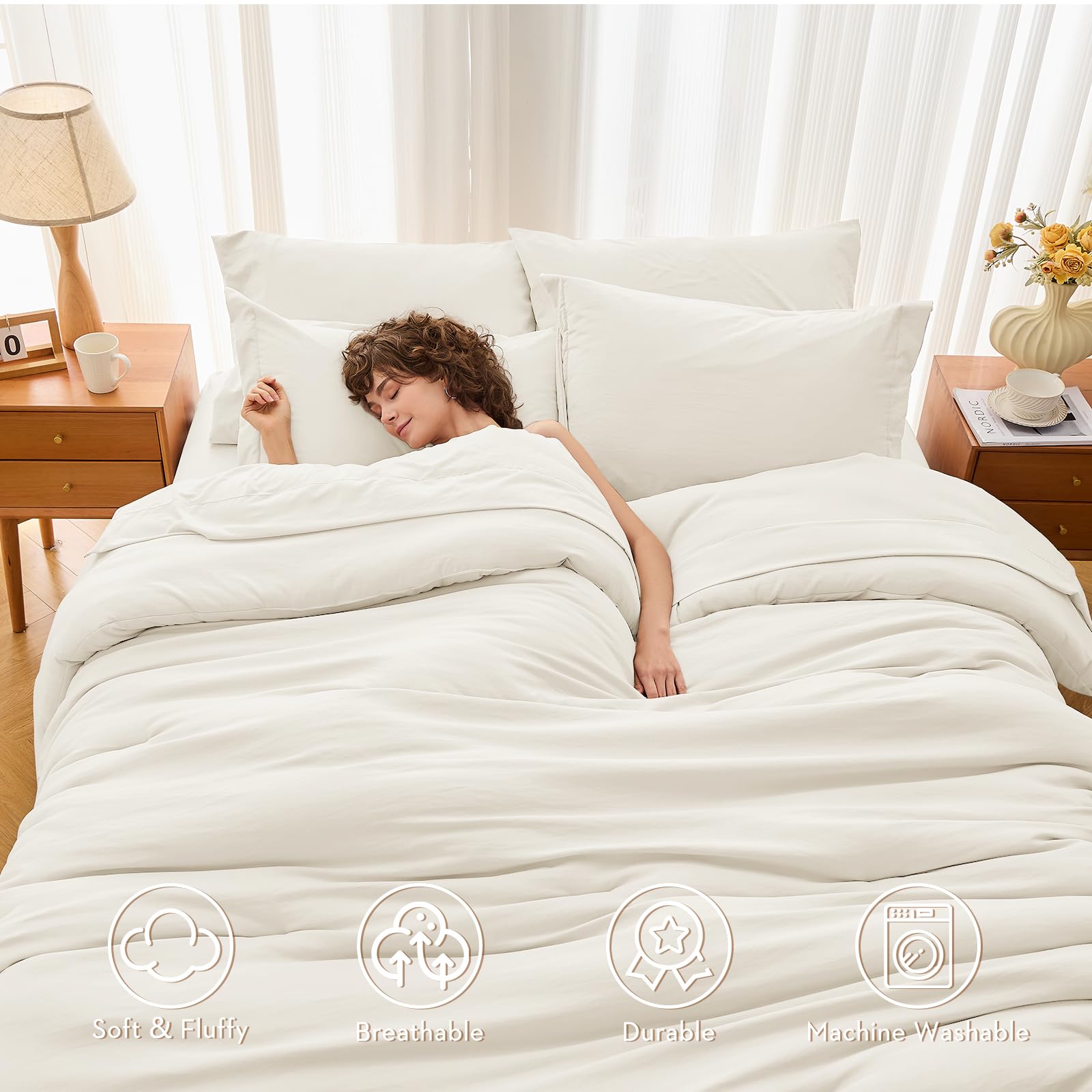 Close-up of MUXHOMO ivory comforter fabric showing ultra-soft microfiber texture