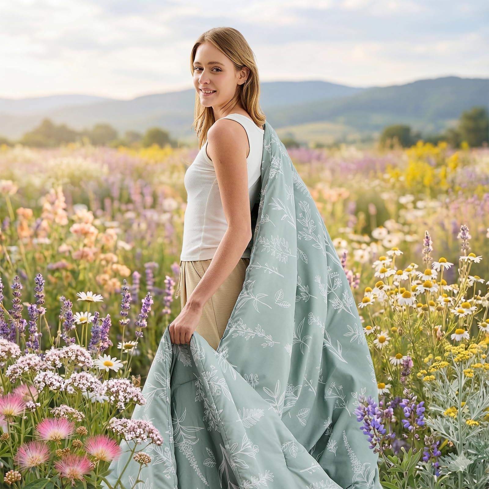MUXHOMO Queen flat sheet in sage green, showcasing smooth, breathable fabric.