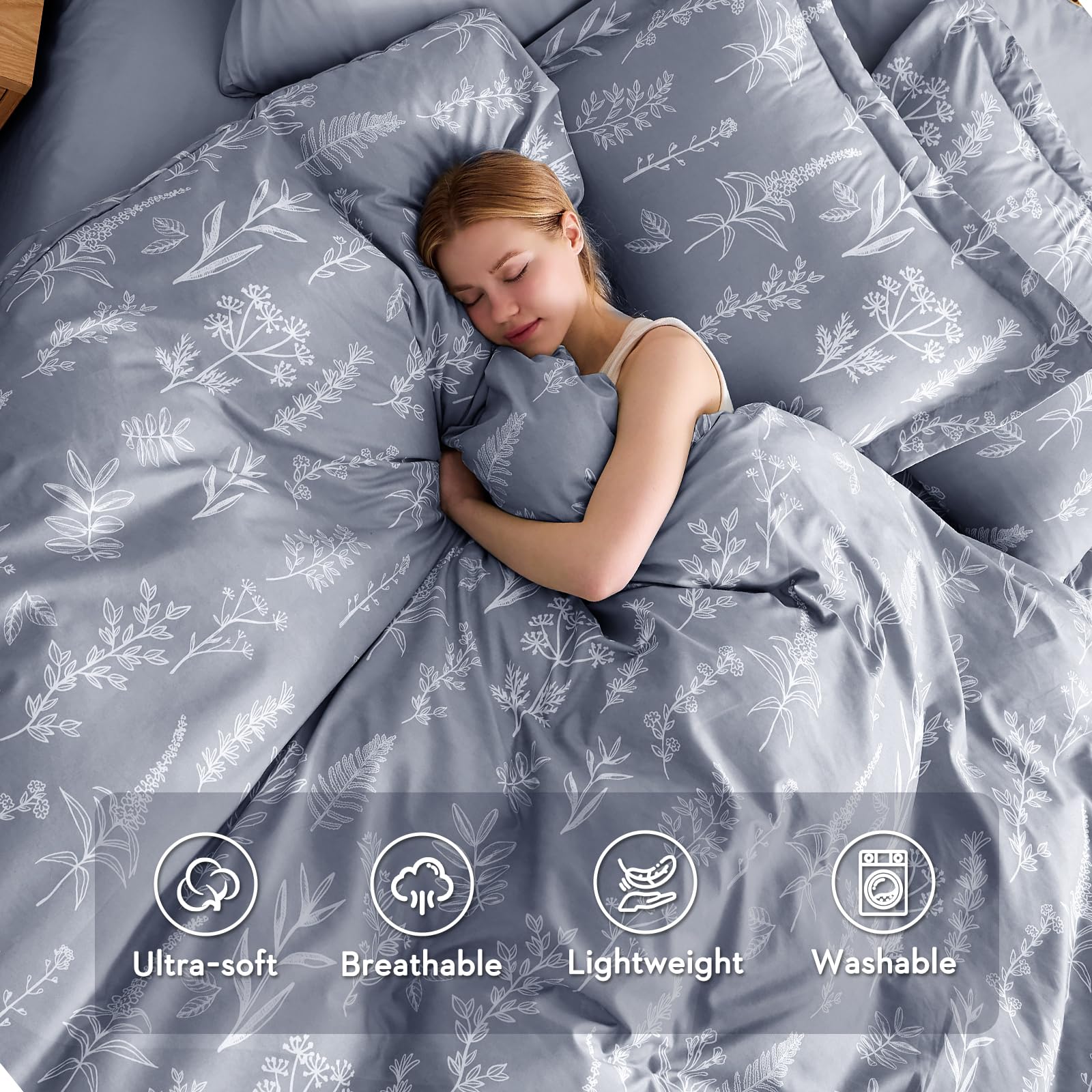 MUXHOMO reversible floral grey pattern shown for two distinct bedroom looks