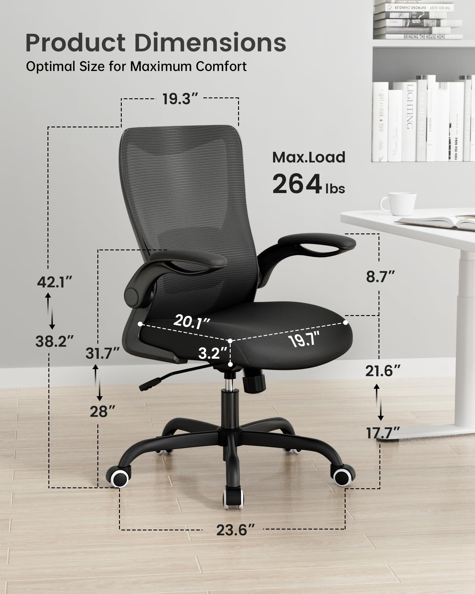 MUXX.STIL chair with flip-up armrests for compact storage and flexible desk setups.