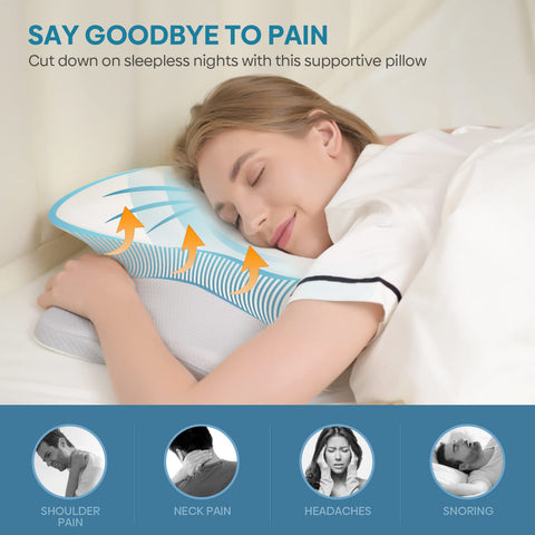 Muzsoul ergonomic butterfly design shown supporting side, back, and stomach sleepers.