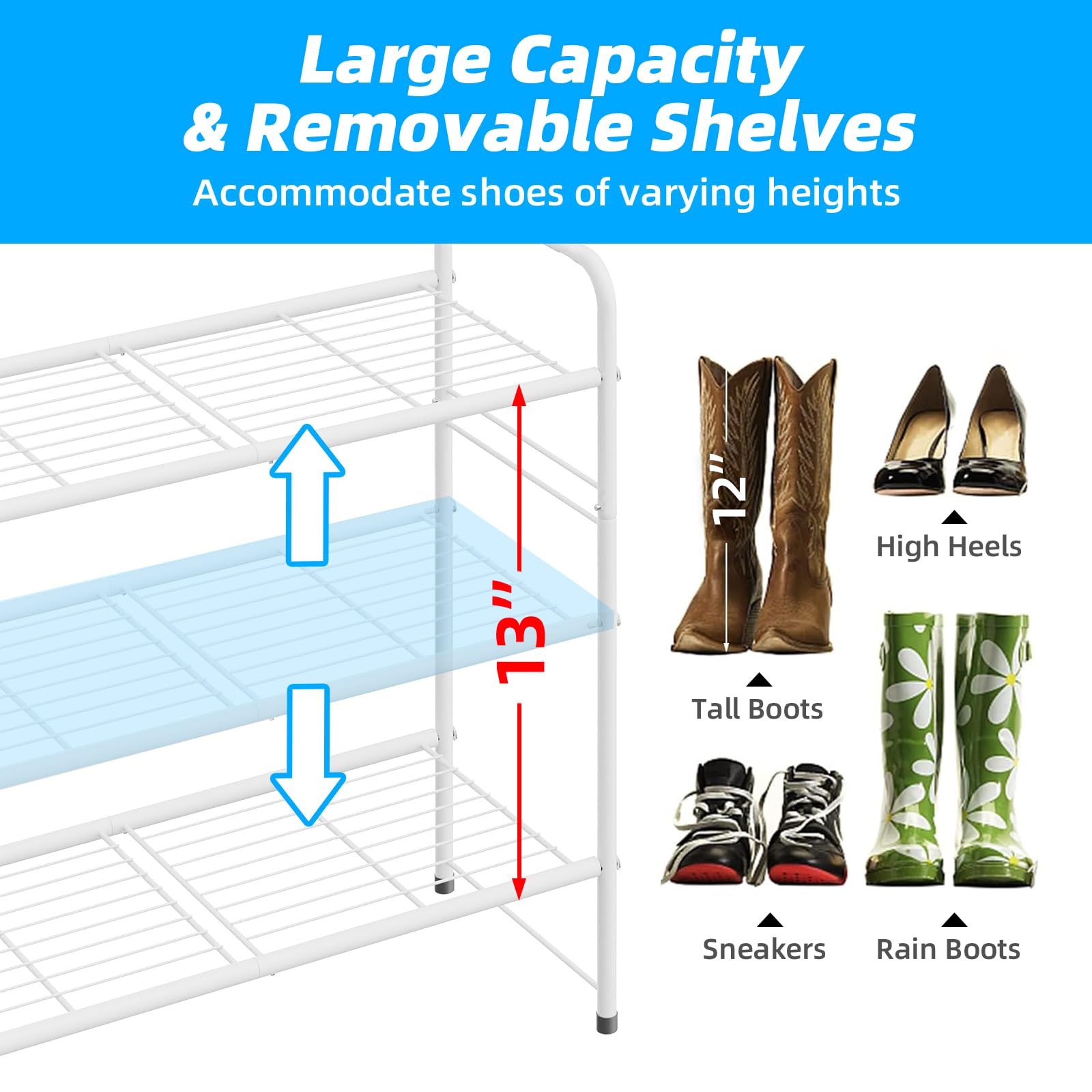 MWQ 3-Tier Shoe Rack assembly shown with simple step-by-step instructions.