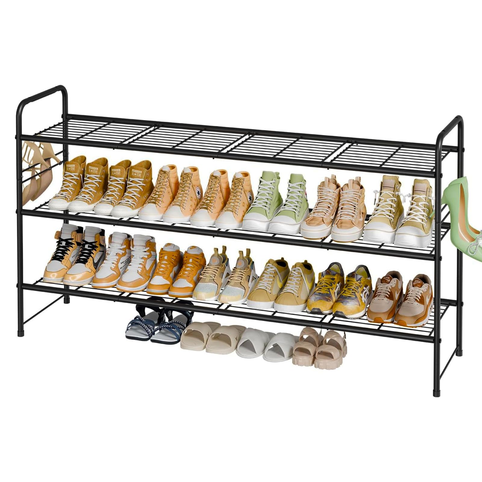 MWQ 3-tier shoe rack closet view shows organized sneaker storage.