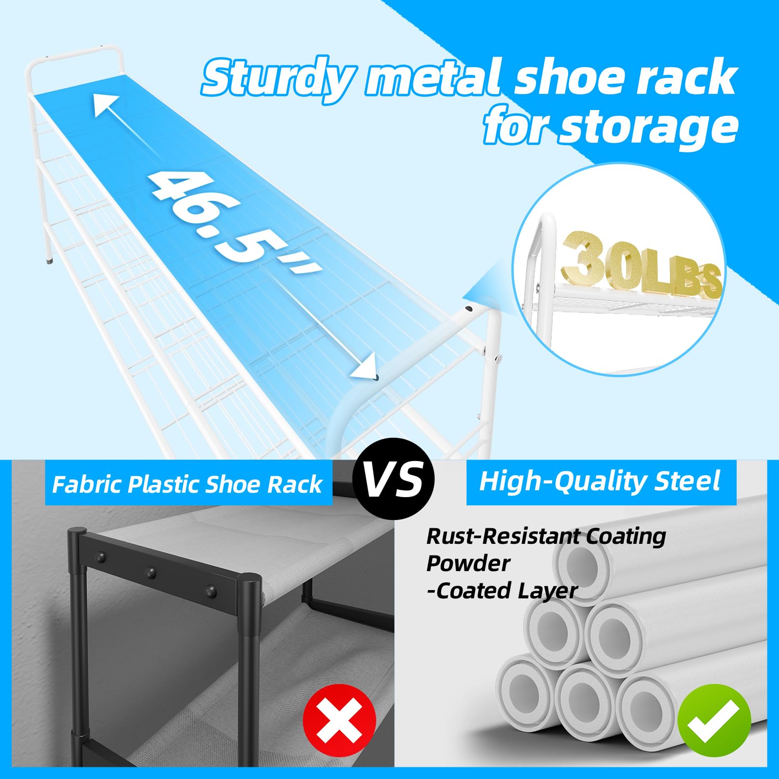 MWQ 3-Tier Shoe Rack close-up highlights waterproof and rustproof metal finish.
