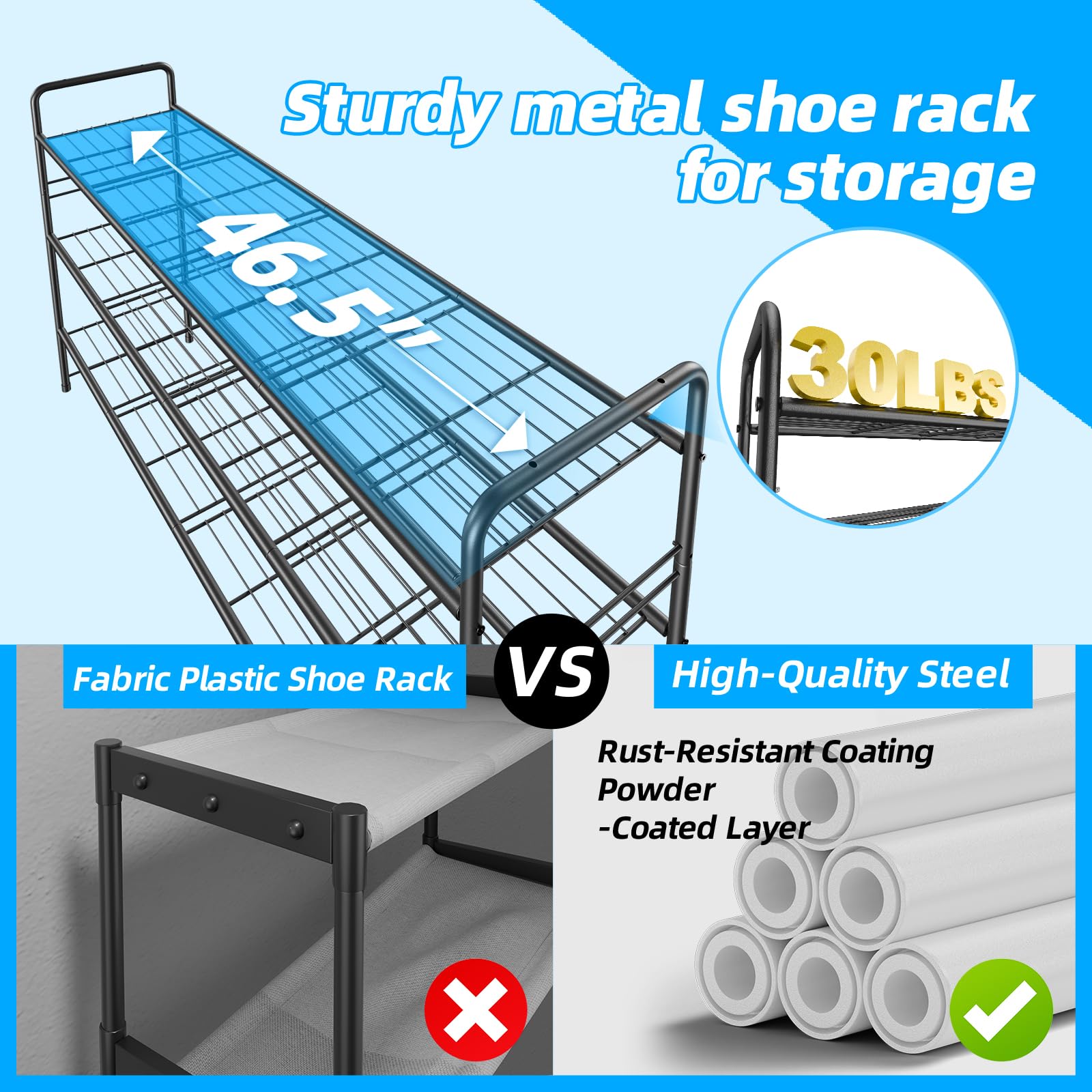 MWQ 3-tier shoe rack metal construction ensures long-lasting stability.