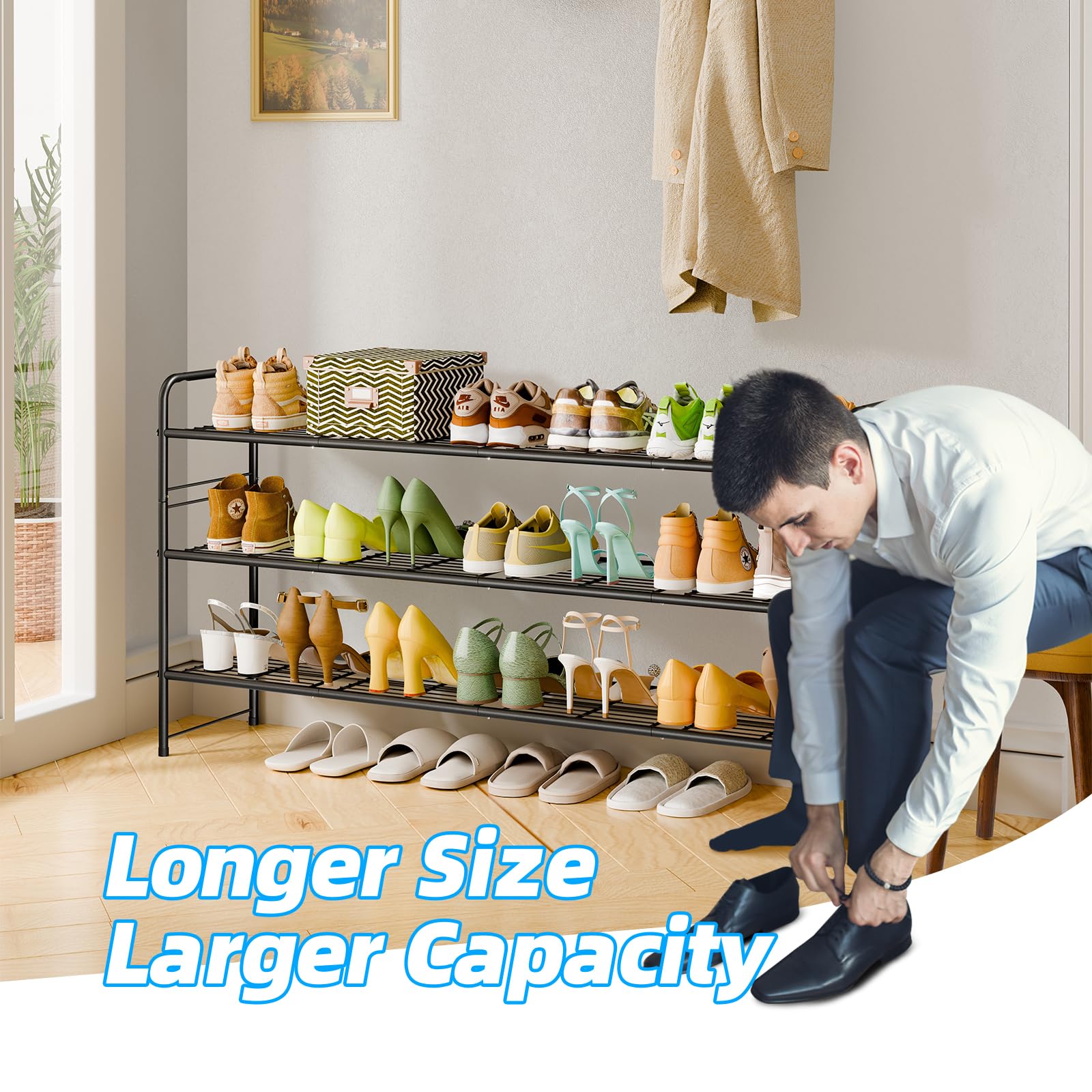 MWQ 3-tier shoe rack full-length view highlights heavy-duty metal construction.