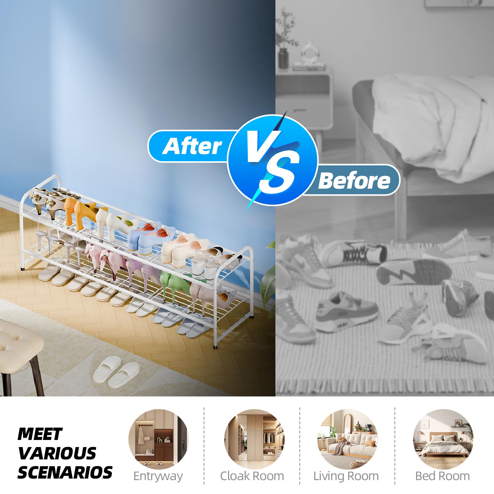 MWQ shoe rack capacity up to 12 pairs across two tiers.