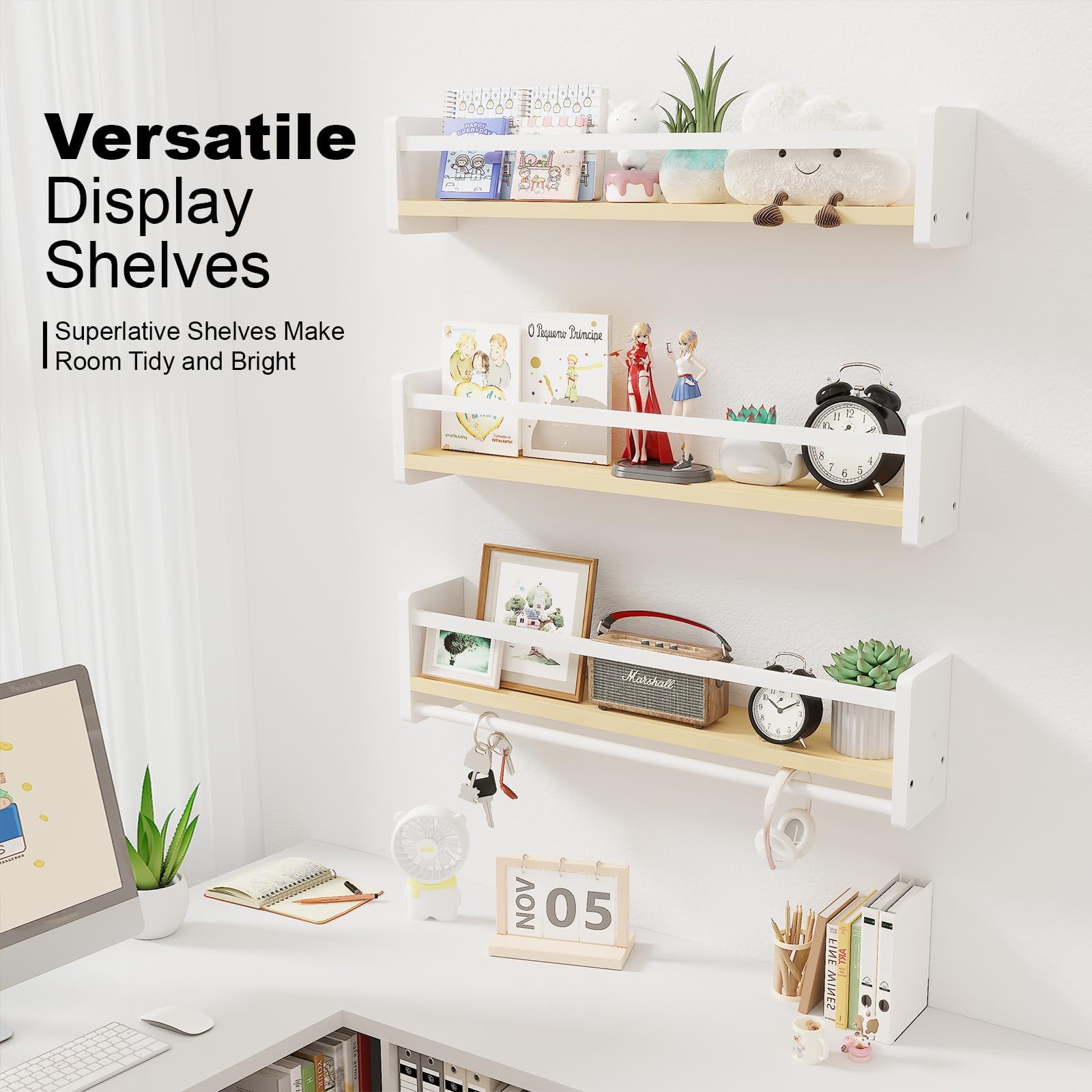 MXCSE nursery floating bookshelf pine white finish shown with books and toys
