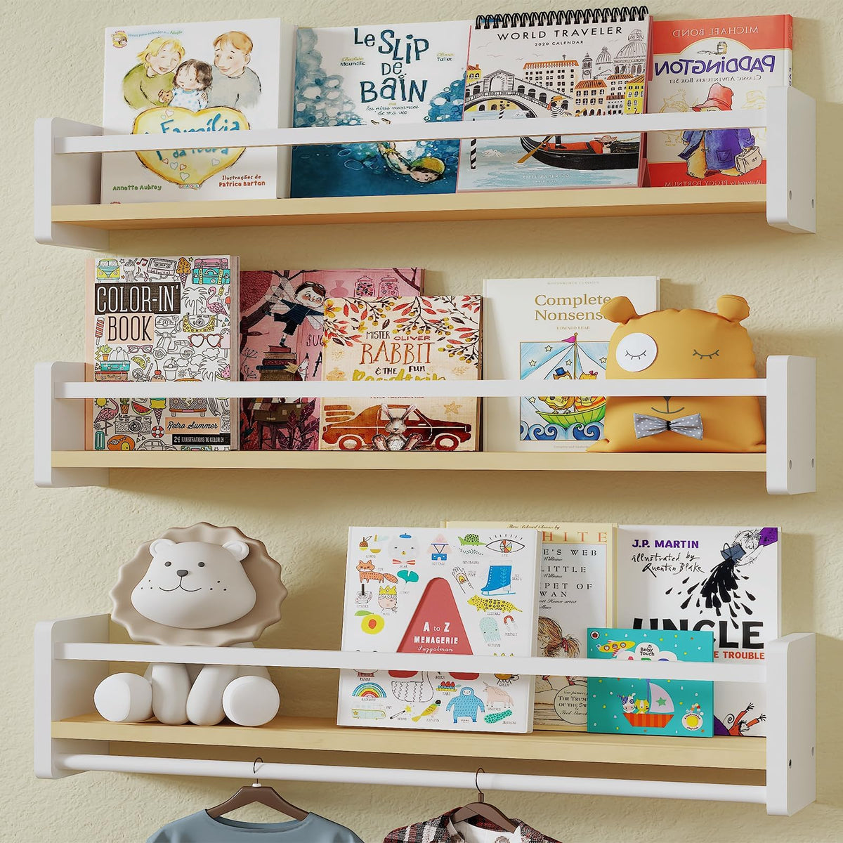 MXCSE nursery floating bookshelf set of 3 mounted on wall for compact kids' storage