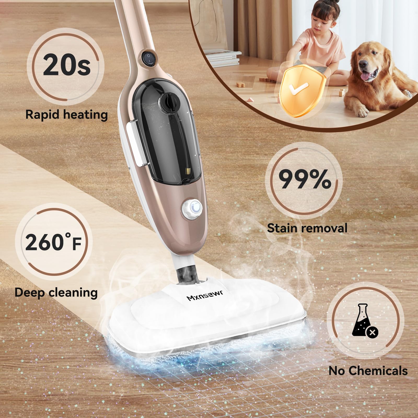 Mxnsewr deep-clean 260f steam targets stubborn stains without chemicals.