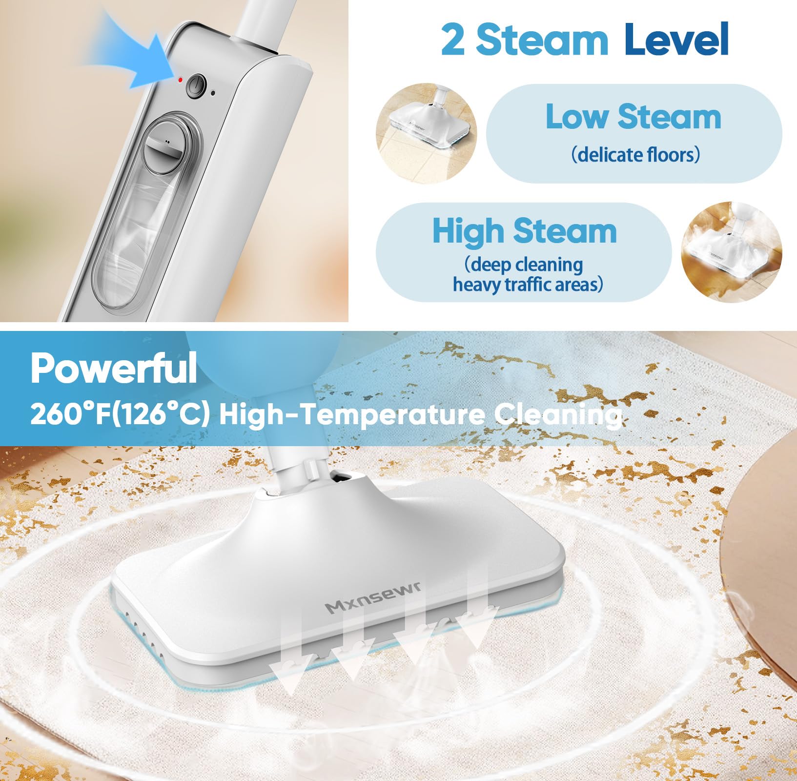 Mxnsewr Steam Mop 260F steam for deep cleaning on tough stains