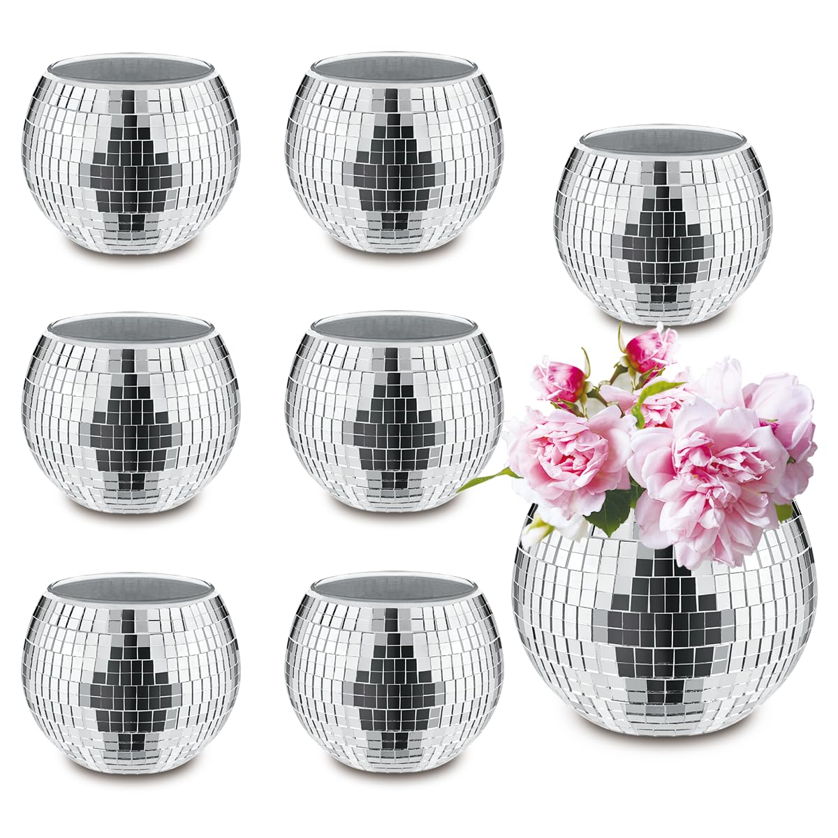 MXOYOXM 8-piece silver disco ball vase reflects light for weddings.