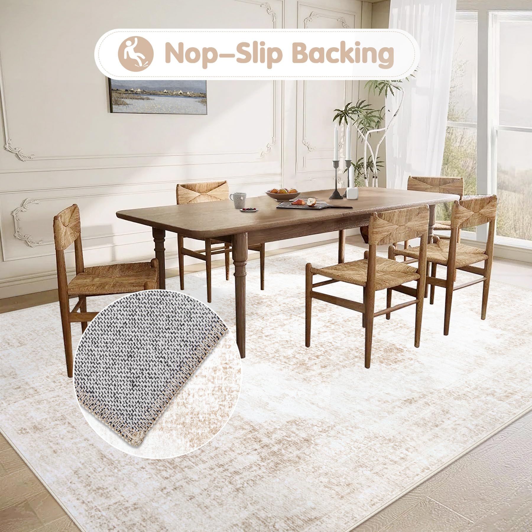 MXSANYOO non-slip backing keeps beige rug stable on smooth floors