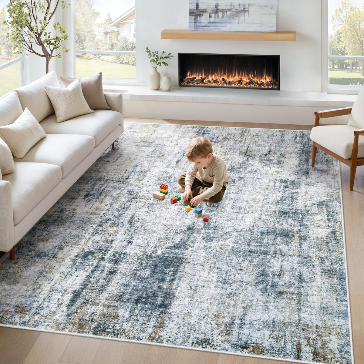 MXSANYOO 6x9 rug with abstract multi blue pattern for living spaces.
