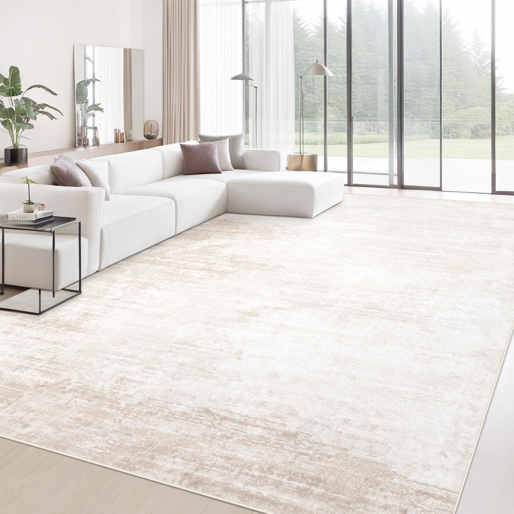 MXSANYOO flat-weave rug 10x14 beige with reinforced edges.
