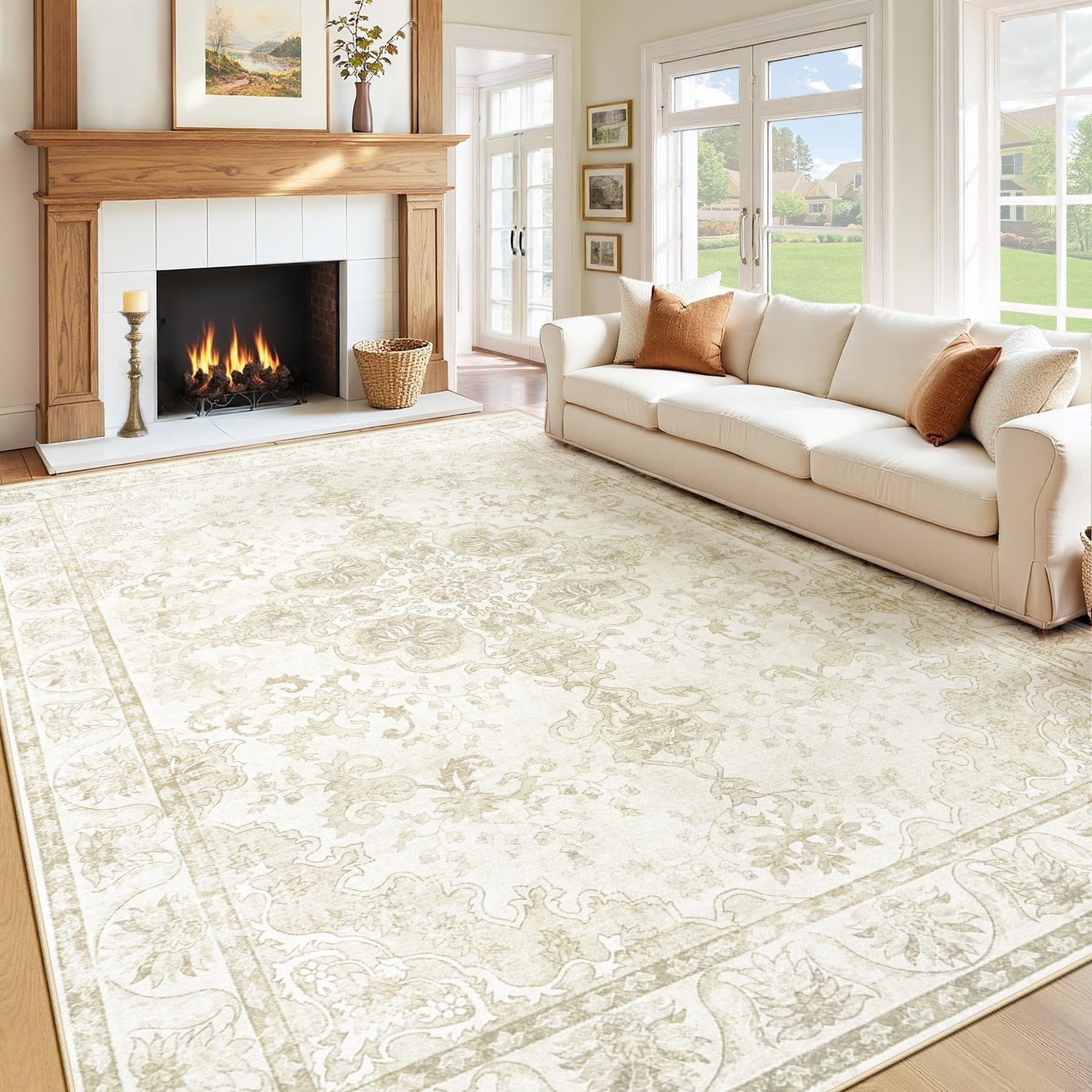 MXSANYOO washable rug 8x10 vintage floral beige creates cozy living room ambience