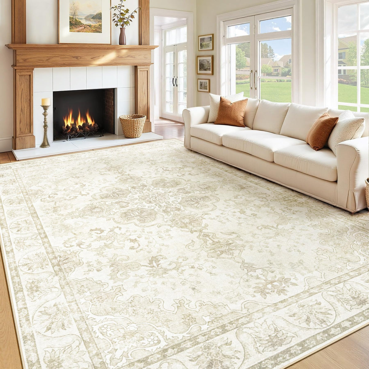 MXSANYOO washable rug 8x10 vintage floral beige creates cozy living room ambience