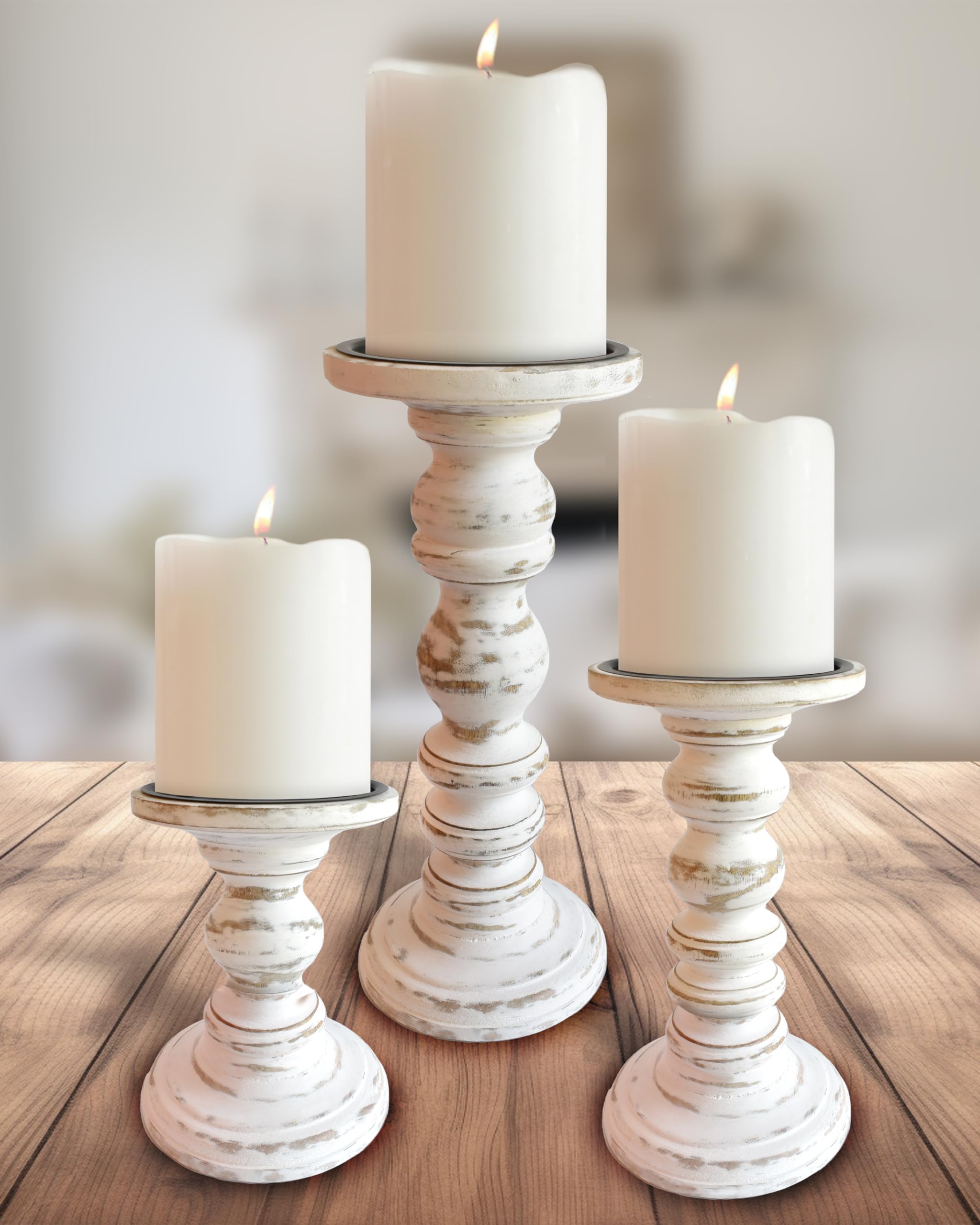My Fancy Farmhouse large pillar candle holders on mantel for a warm focal point