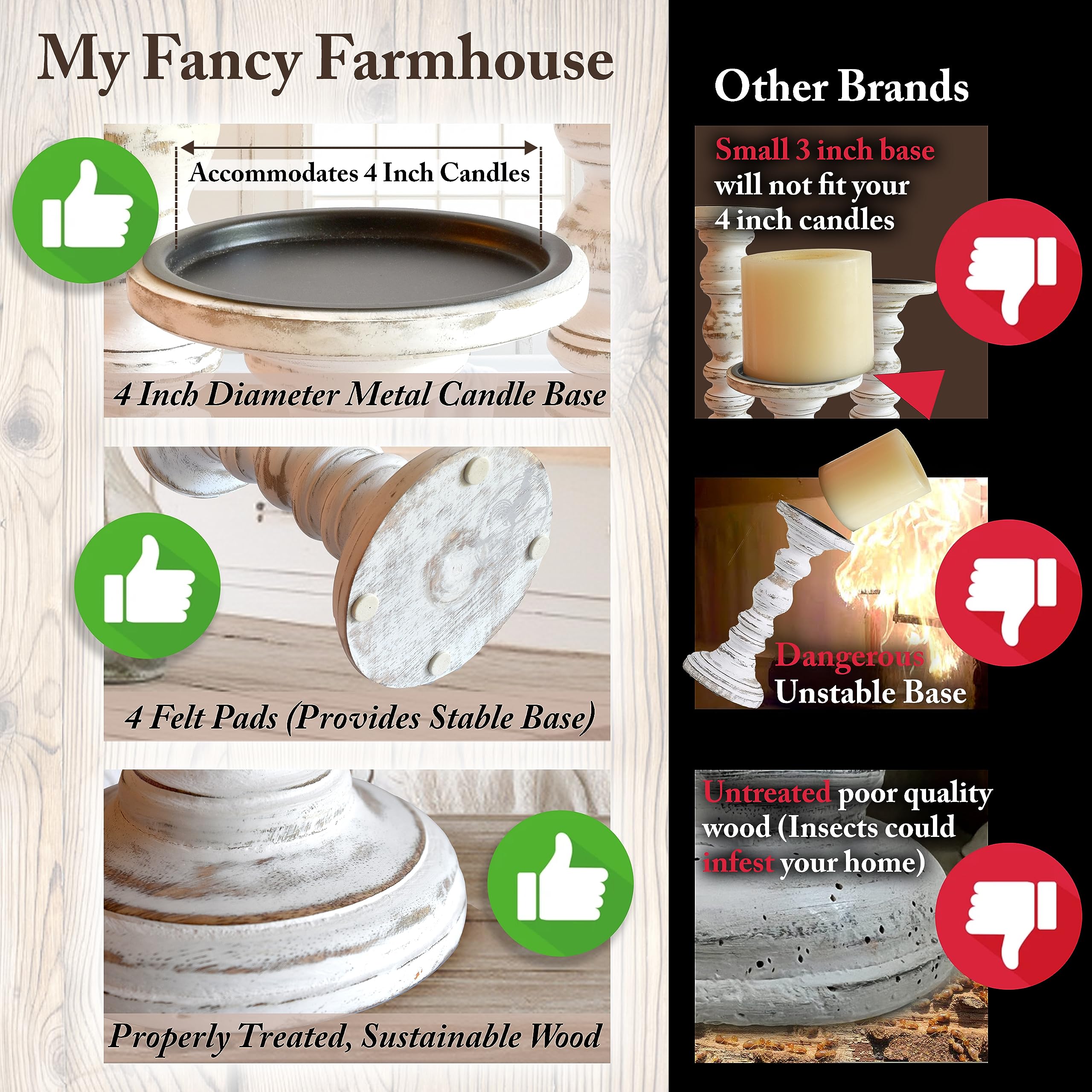My Fancy Farmhouse rustic wood candle stands on a fireplace mantel