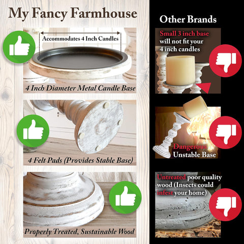 My Fancy Farmhouse rustic wood candle stands on a fireplace mantel