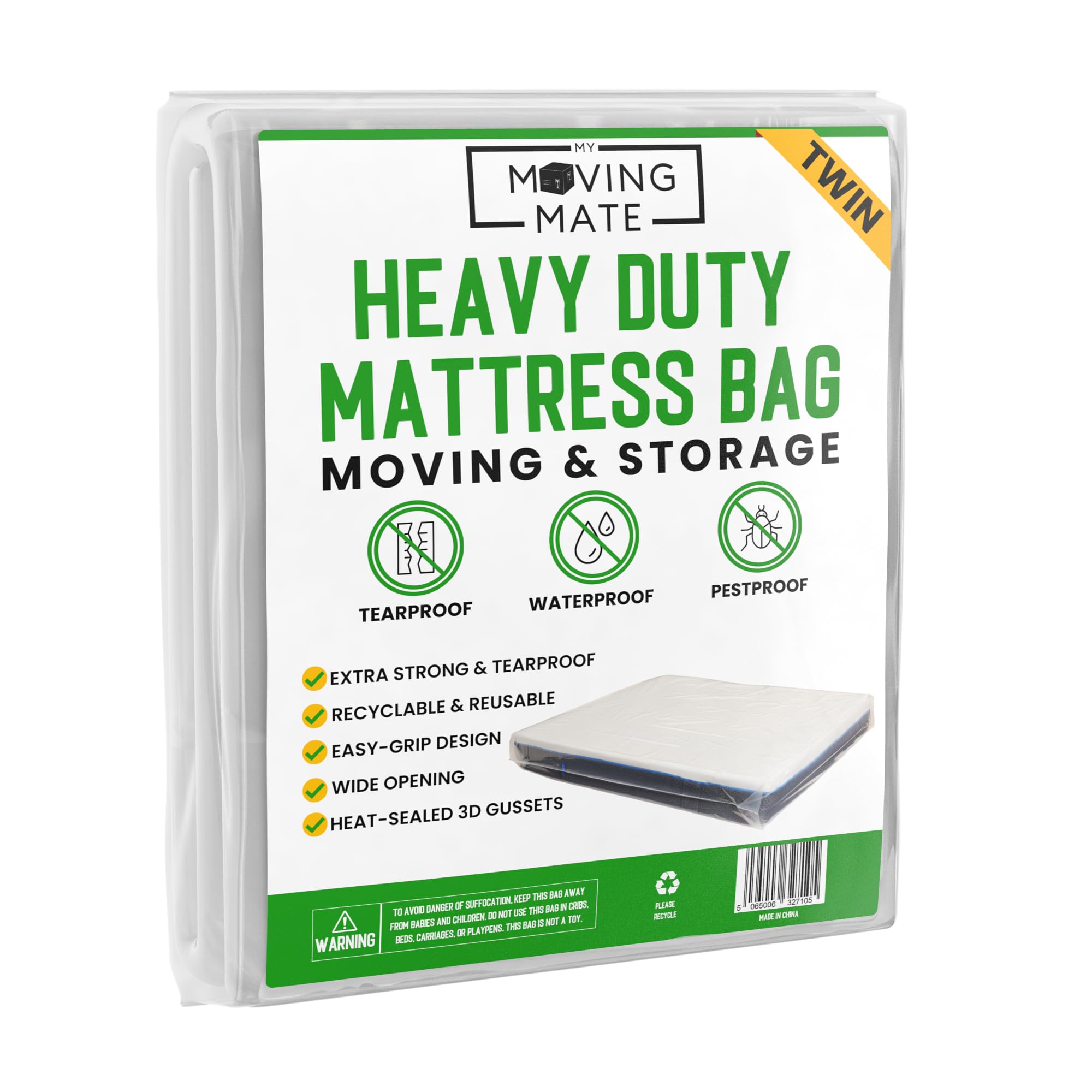 My Moving Mate twin mattress bag with dust protection for a move.