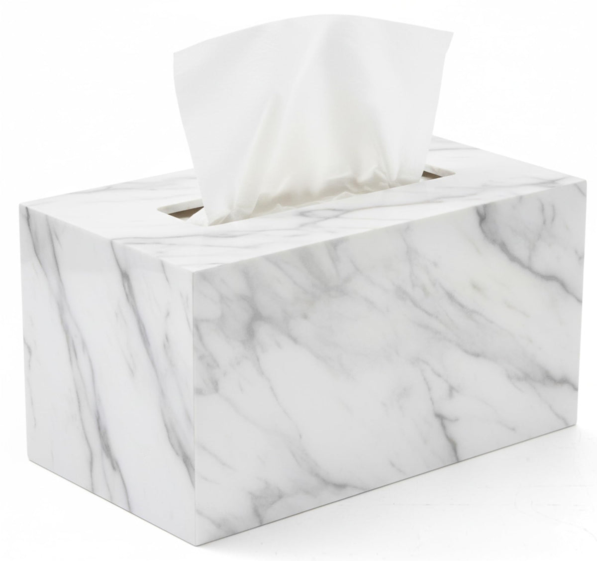 My Space Organizers rectangle tissue box cover in white marble acrylic on bathroom vanity