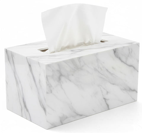 My Space Organizers rectangle tissue box cover in white marble acrylic on bathroom vanity