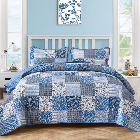 Mybedsoul blue boho quilt set king patchwork coverlet closeup shows texture and color