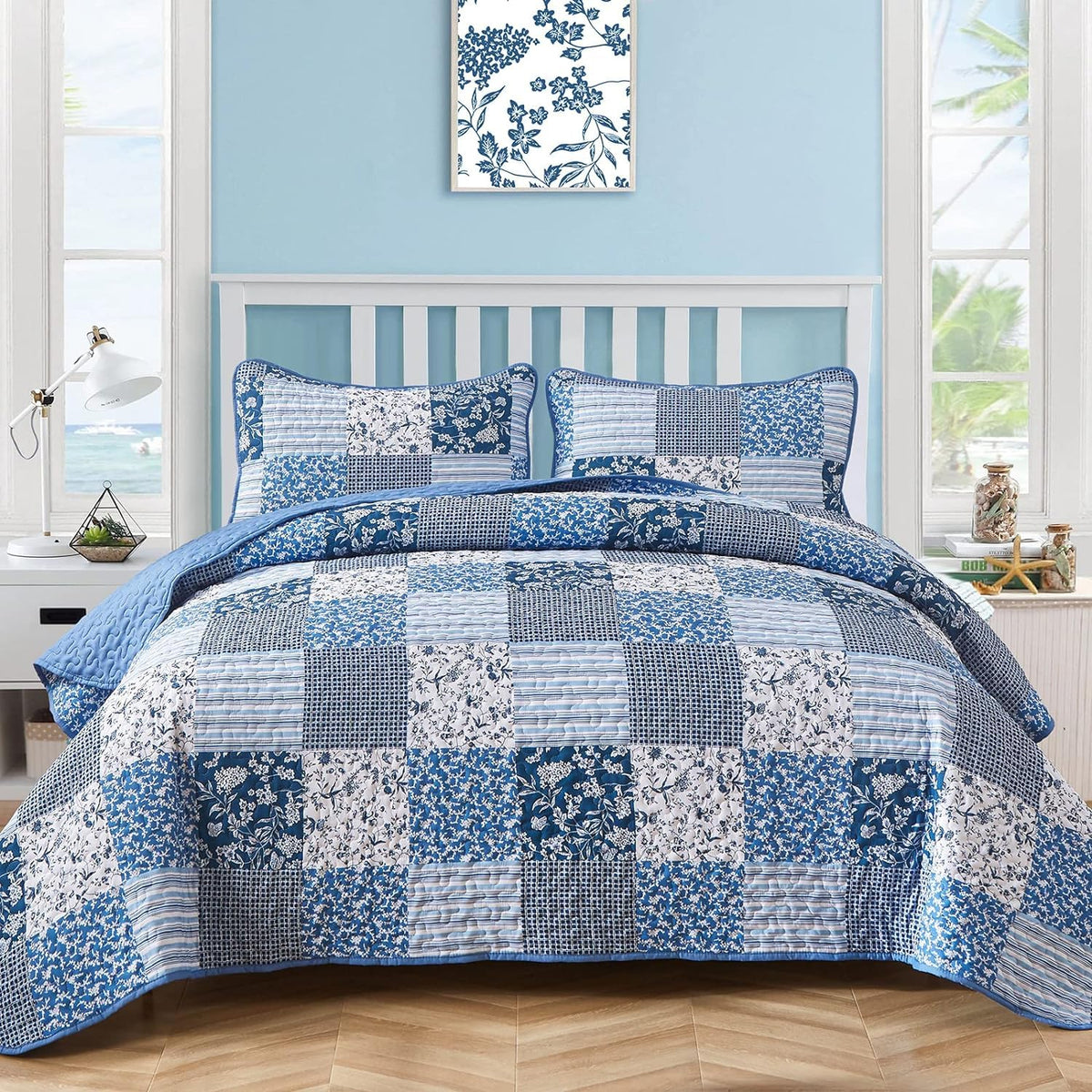 Mybedsoul blue quilt set full size patchwork reversible design enhances cozy bedroom decor