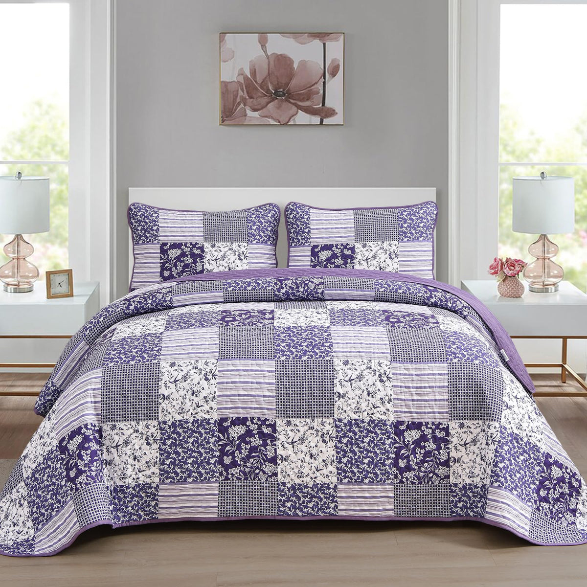 Mybedsoul Purple Quilt Set on bed showcases cozy, multi-season comfort.