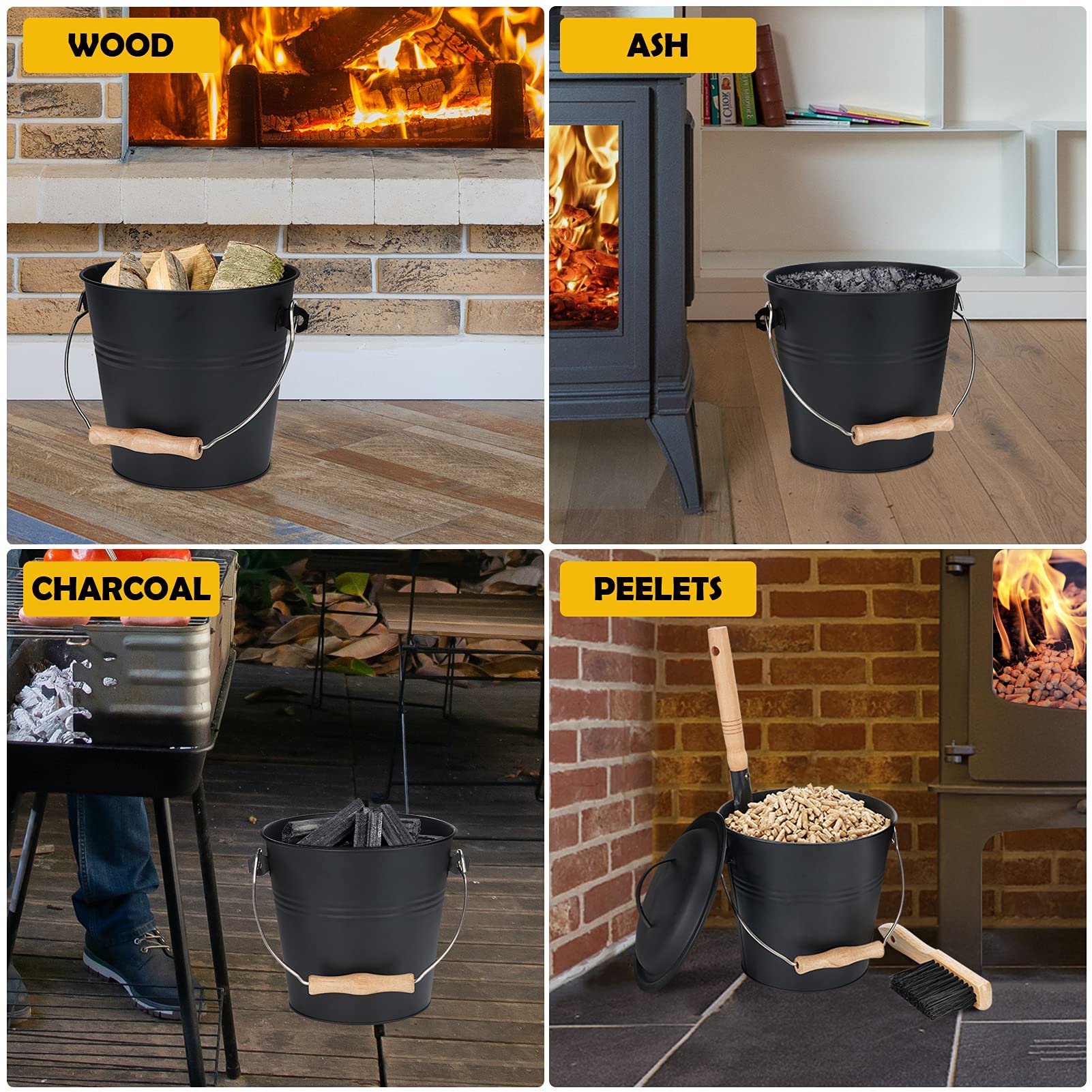 MYFIREPLACEDIRECT ash bucket in a cozy fireplace scene.