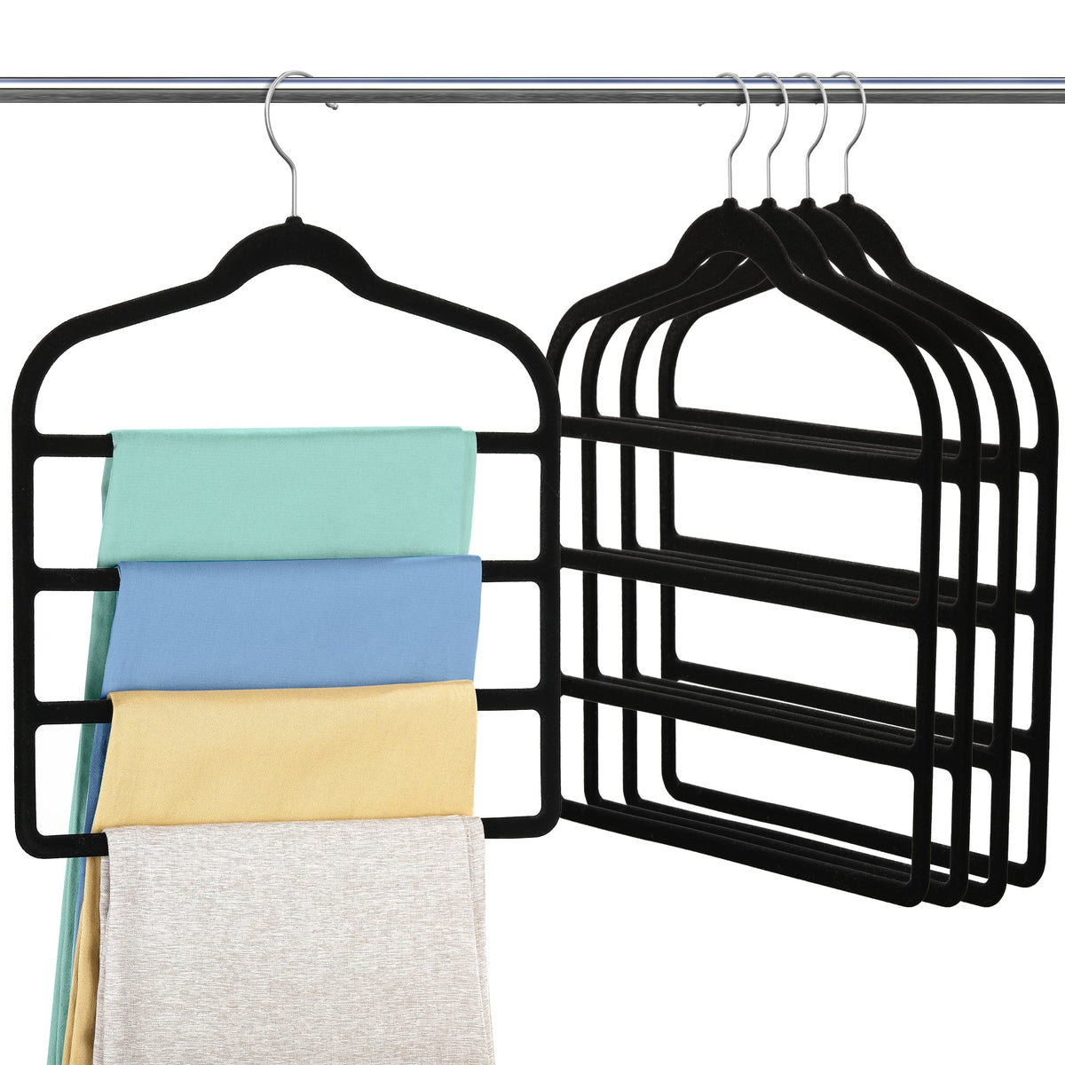 Myfolrena velvet pants hanger with 4-layer design keeps jeans organized and secure.