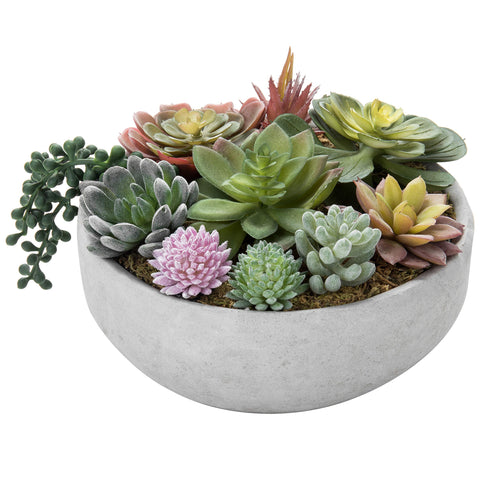 MyGift 8 Inch Round Succulent Arrangement in gray concrete pot for desk decor.