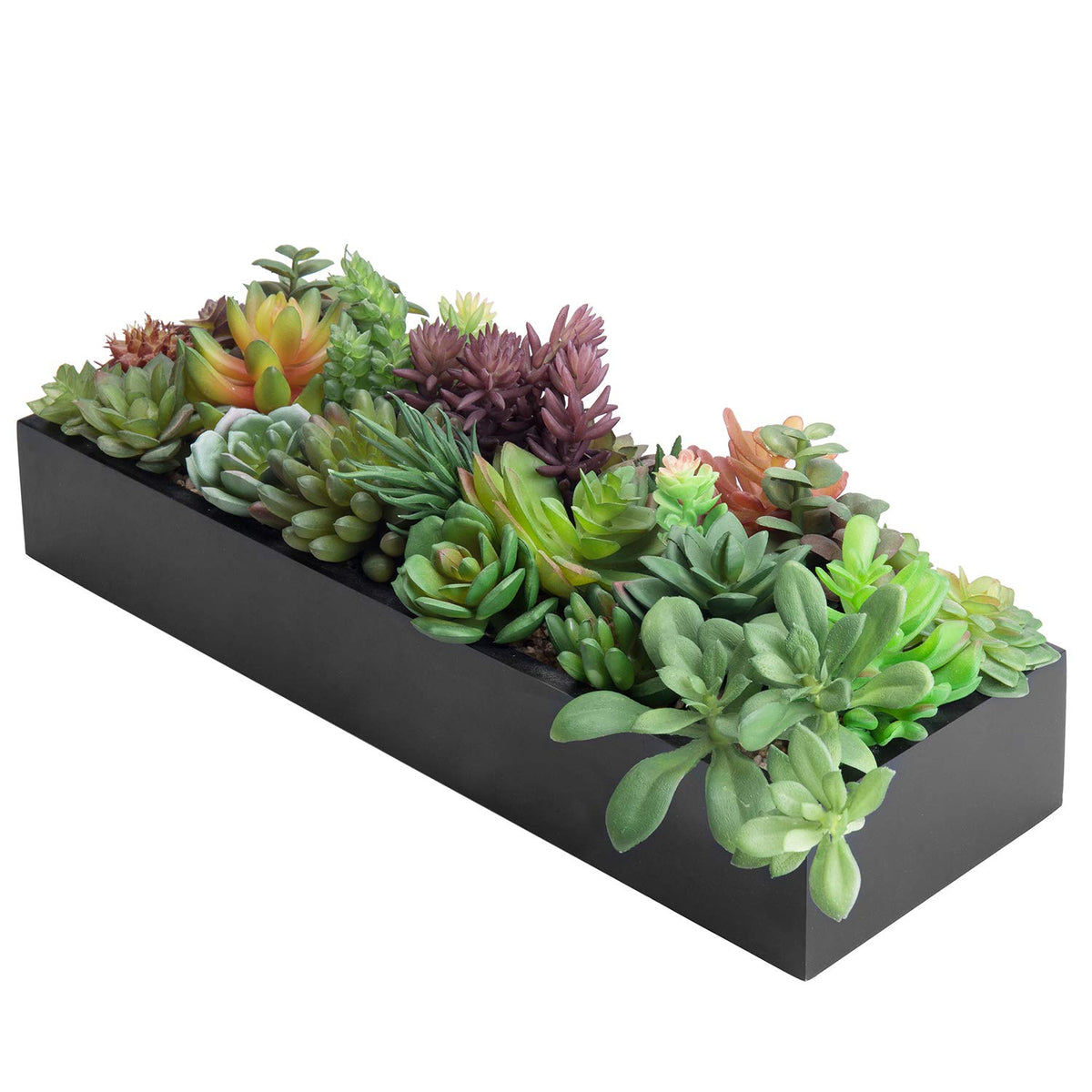 MyGift artificial succulent centerpiece in a black wooden planter enhances tables and desks with maintenance-free greenery.