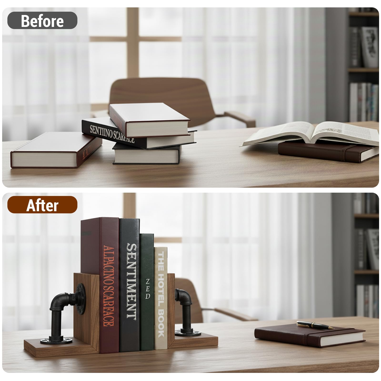 MyGift book ends torched pine wood close-up highlights rustic texture.