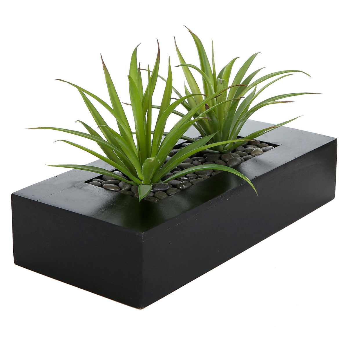 MyGift fake grass in rectangular black wood planter for desk decor