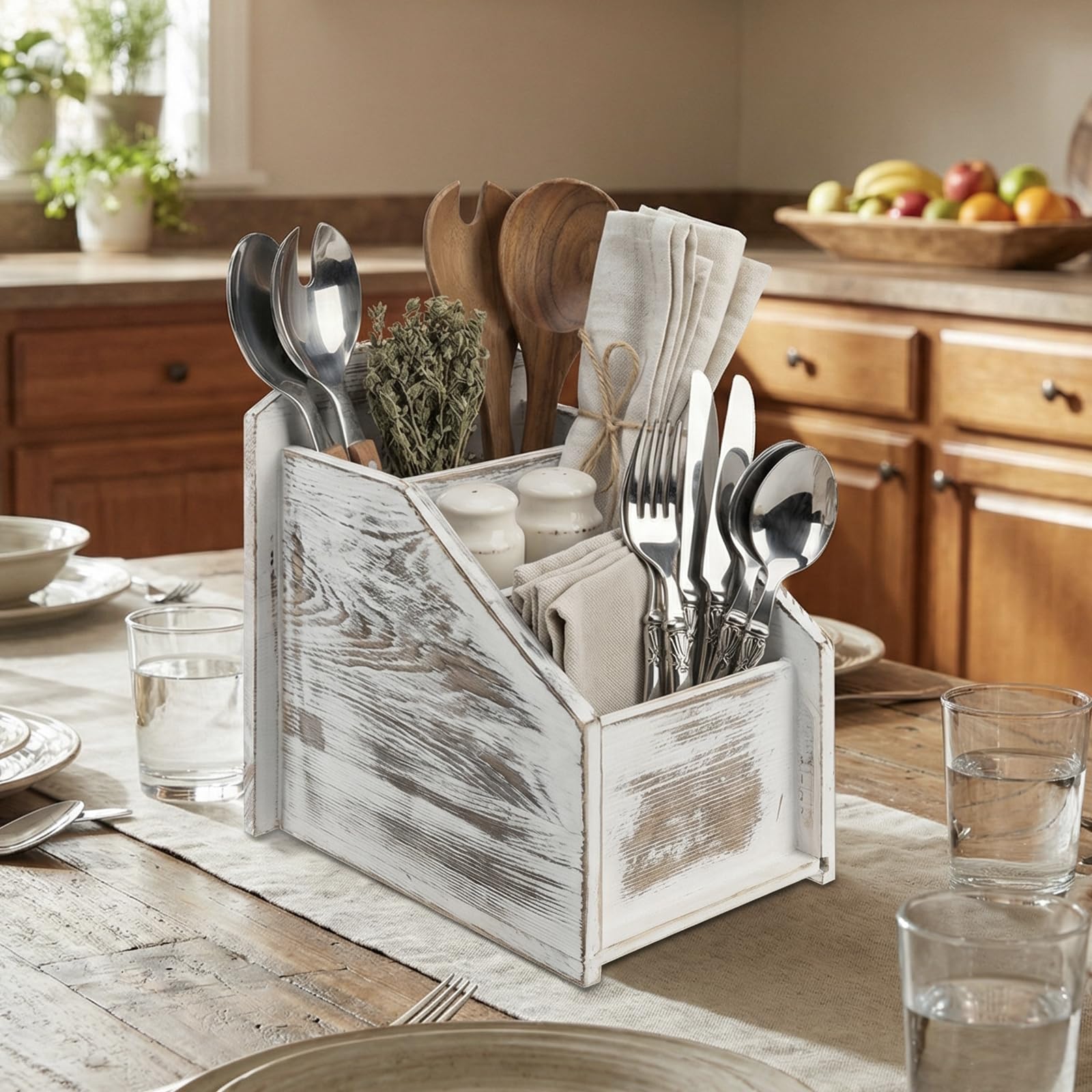 MyGift living room remote stand in wood helps keep remotes accessible on a console.