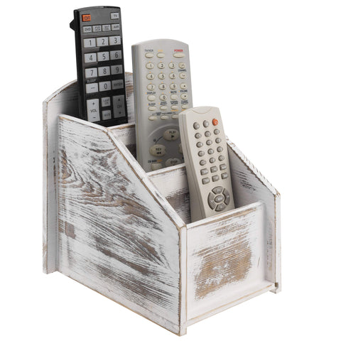 MyGift TV Remote Holder in whitewashed wood keeps your living room remotes neatly organized.