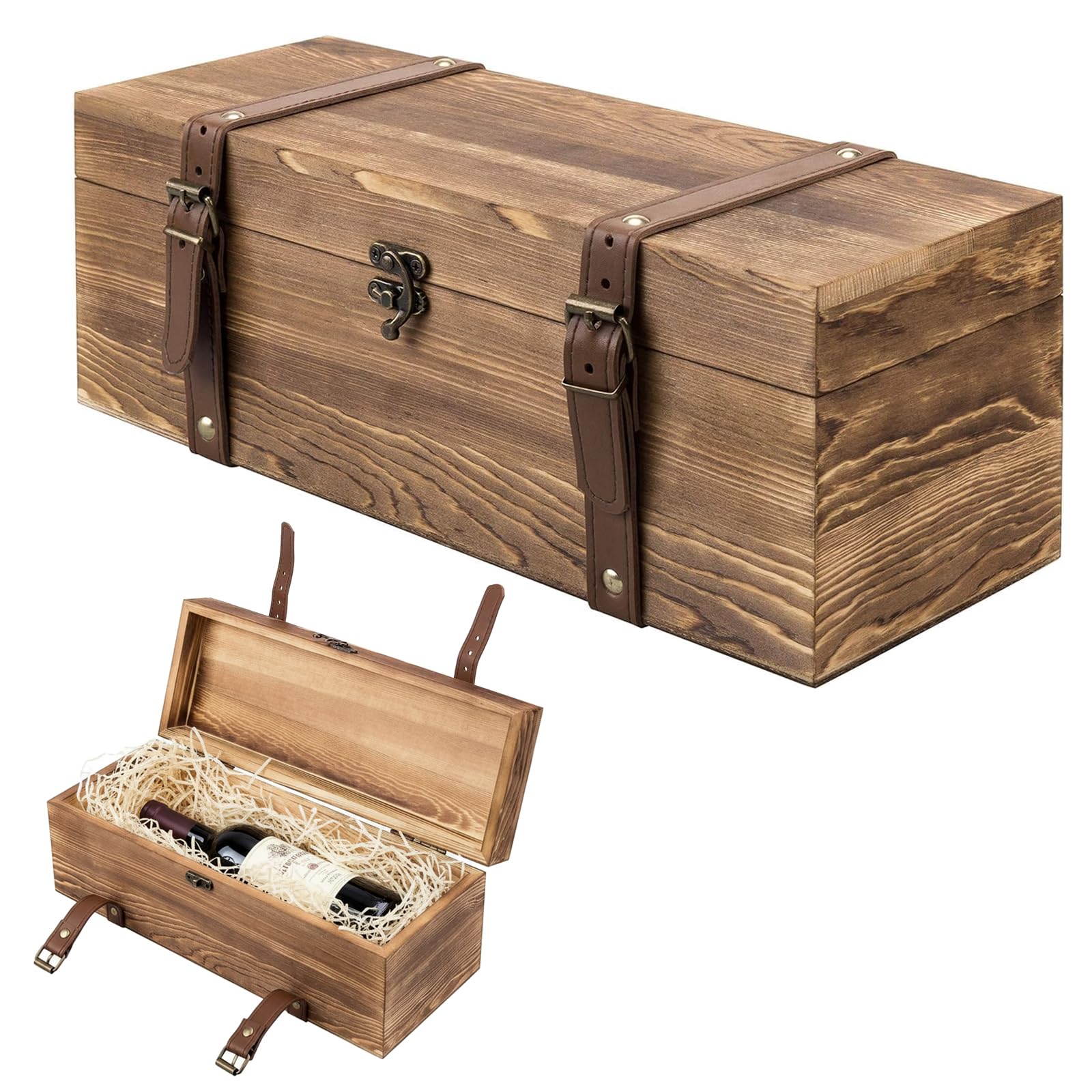 MyGift wooden wine box with a secure latch for safe transport.