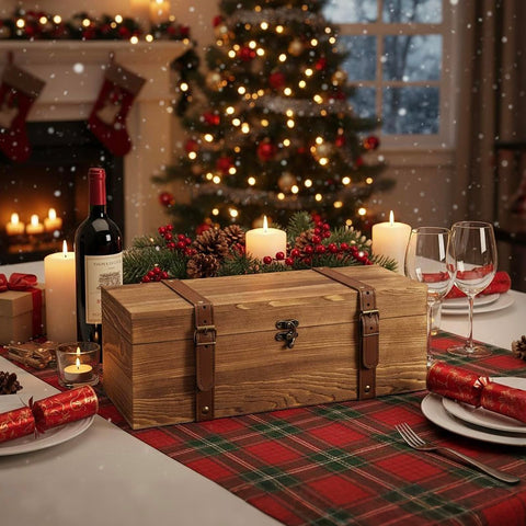 MyGift box leather straps and latch provide secure travel of beverages.