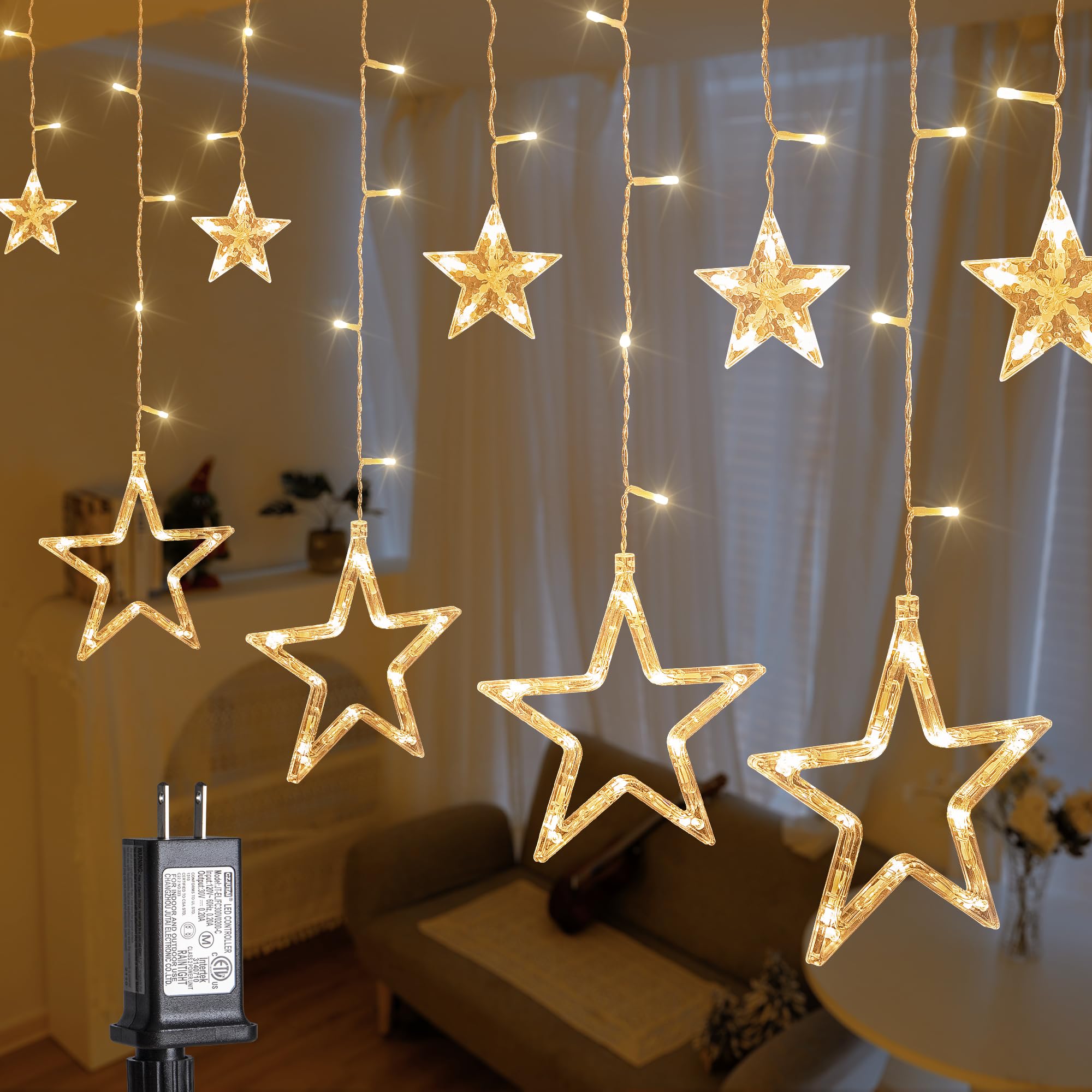 MYGOTO 126L warm white star icicle curtain lights illuminate spaces with a cozy festive glow.